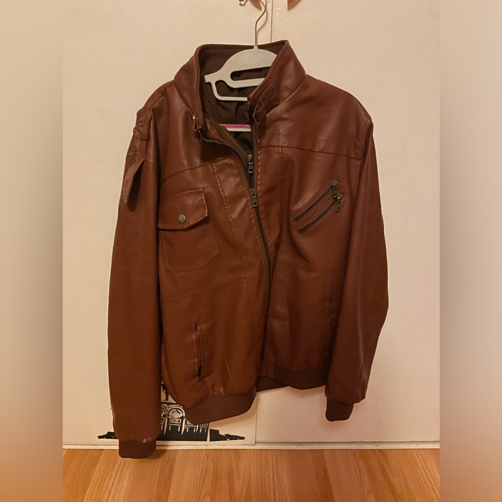 Men’s Large Brown Hooded Faux Leather Jacket